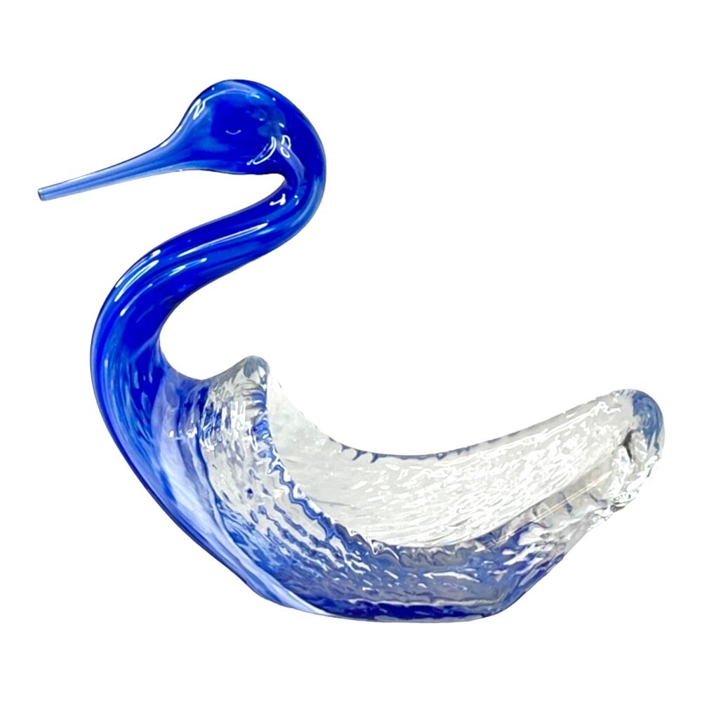 Oglebay Glass Swan Wheeling Cobalt Blue Bird 8" Trinket Box Tray Dish Vase Vtg